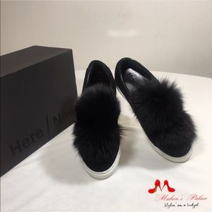 Here/Now Black Genuine Fox Fur Trim Suede Sneakers